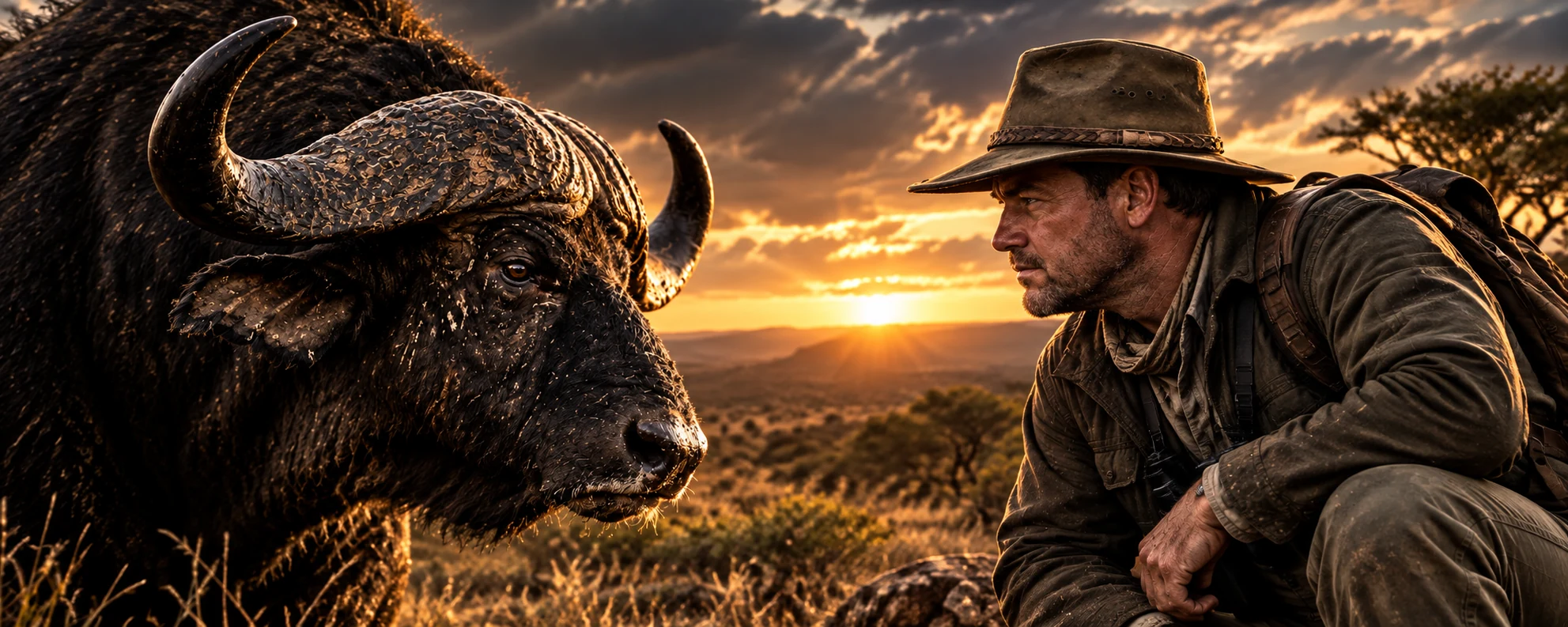 Kampvuur Safaris Golden Standoff on the Savannah - Cape Buffalo and Hunter at Sunset
